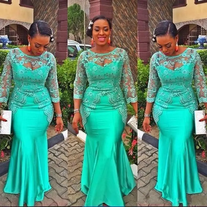 Robes de soirée africaines turquoise sirène 2020 Hot Selling Floor Length Custom Beads 3/4 Long Sleeve Lace Formal Party Prom