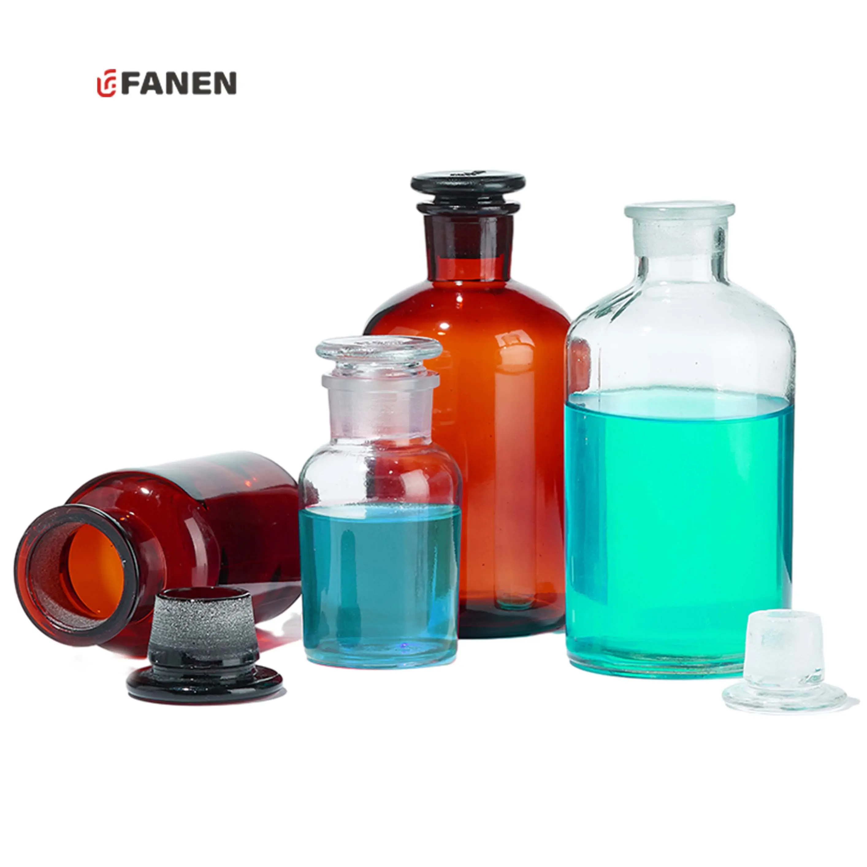 Botol Fanen melalui mulut lebar 500ml, botol reagen laboratorium kaca Amber