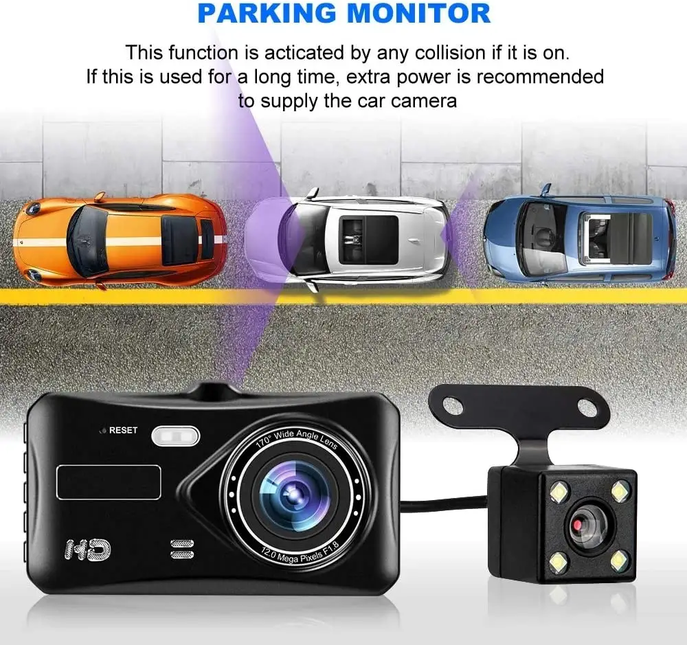 Передняя и задняя Автомобильная камера с двойным объективом и 4 дюймовым сенсорным экраном 1080P, широкоугольная Автомобильная камера с ночным видением и G-сенсором, видеорегистратор