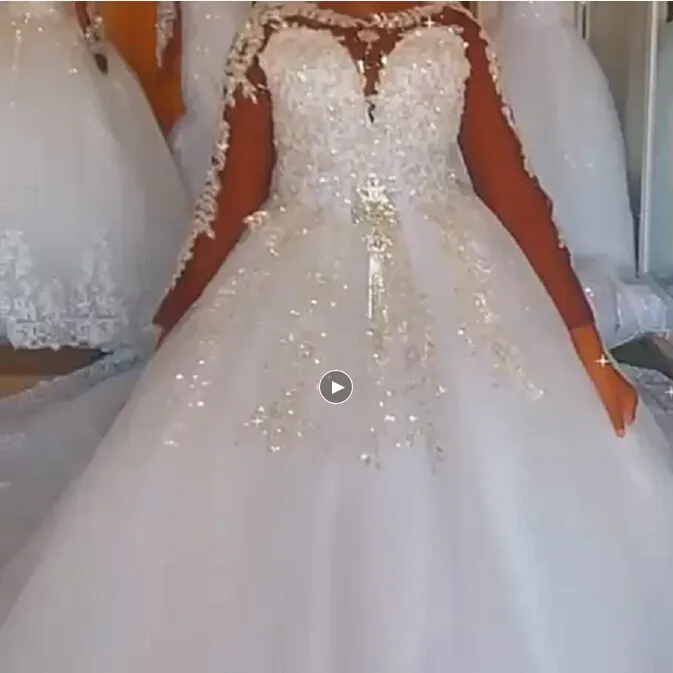 2022 100% रियल फोटो लक्जरी Appliques लंबी आस्तीन मनके गेंद का गाउन शादी की पोशाक प्लस आकार विंटेज दुल्हन का गाउन