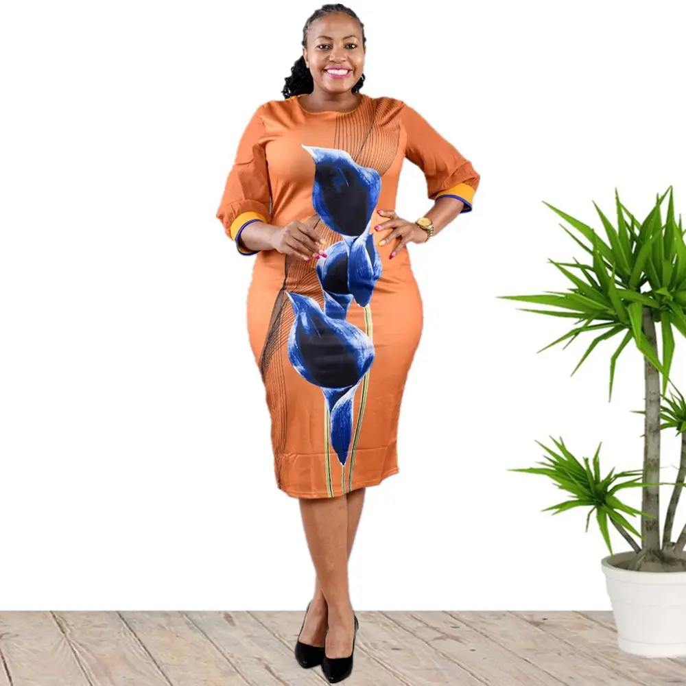 टर्की स्टाइल अफ़्रीका कपड़े प्लस साइज़ 6XL लेडीज़ कैज़ुअल ड्रेस क्रू नेक फ्लोरल प्रिंटेड लॉन्ग ड्रेस थोक माँ के कपड़े