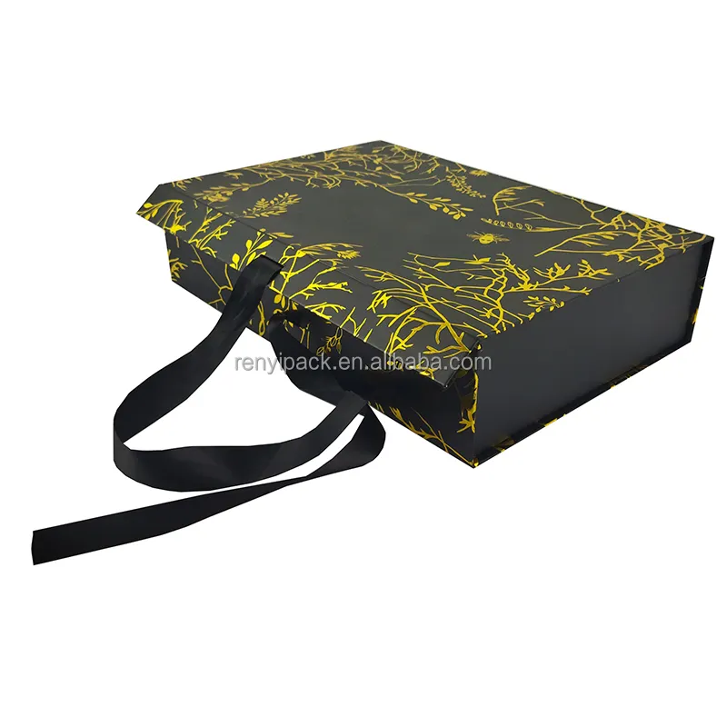 उच्च गुणवत्ता वाला फोल्डेबल चुंबक केस बॉक्स ब्लैक रिबन उपहार बॉक्स