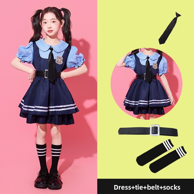 Dark blue dress + belt + tie + socks