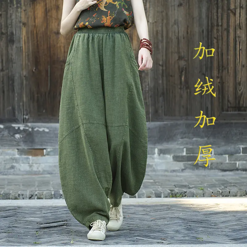 Calças largas soltas estilo Zen chinês primavera verão calças largas calças de algodão de cânhamo