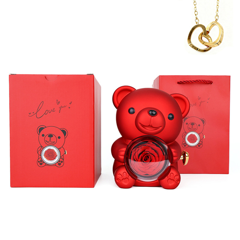 Red preserved flower gift box + double heart necklace (gold)