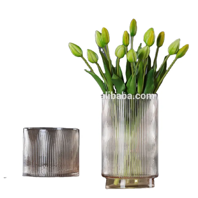 Vase en verre vintage fait-main à rayures verticales, Vase rond transparent pour la décoration de la maison, Vase à fleurs