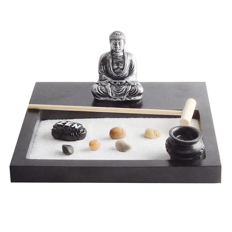 Mini Zen Garden Kit für Schreibtisch mit Rechen, weißem Sand, Buddha-Figuren, Brücken figur und Fluss felsen, schwarze Rechteck basis