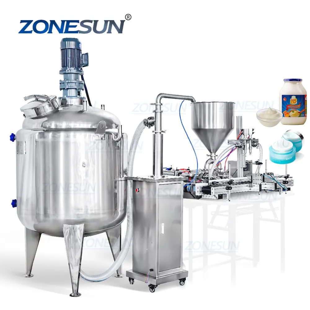 ZONESUN ZS-DTPT2 التلقائي مزدوجة رئيس التجميل المنظفات زجاجة شامبو ماكينة تعبئة معجون مع خزان المزج و مضخة تغذية