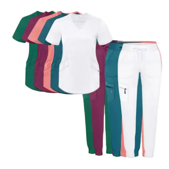 Venta al por mayor de mujeres Joggers estiramiento enfermería Hospital uniformes médicos Scrub Set logotipo personalizado Scrubs uniformes conjuntos de moda tejido