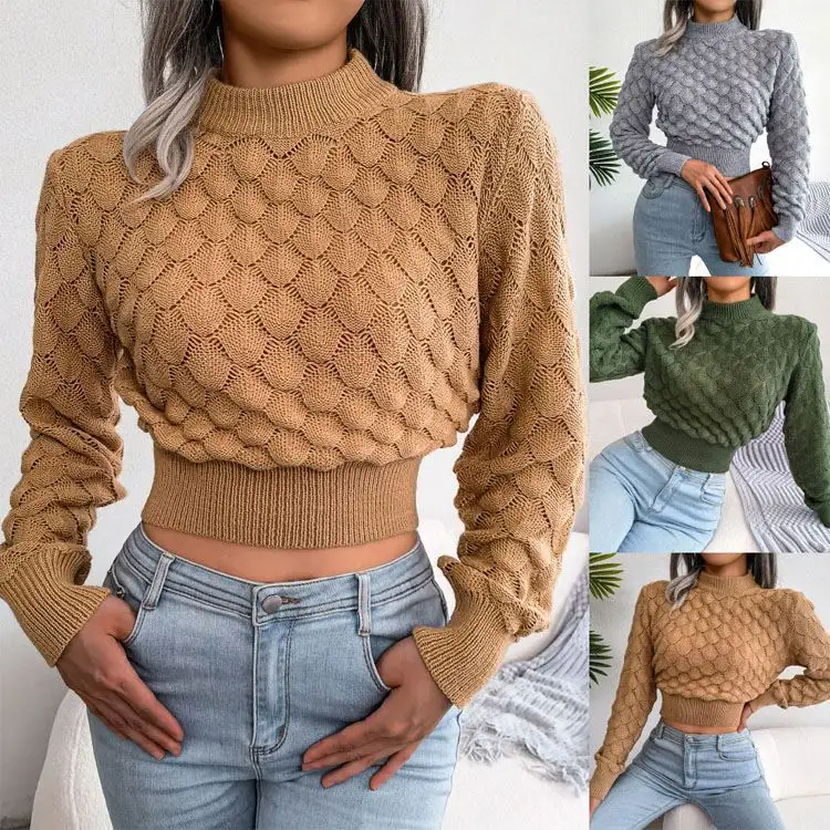 Pullover maglione lavorato a maglia con ombelico a maniche lunghe con diamante tridimensionale autunno e inverno