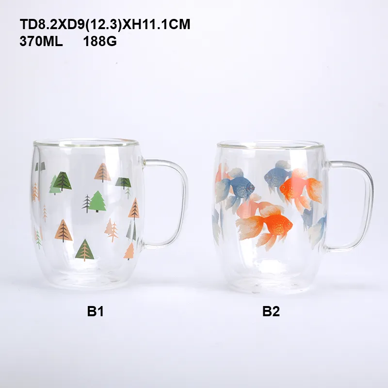 Tasse imprimée transparente résistante à la chaleur Double gobelet à haute teneur en borosilicate