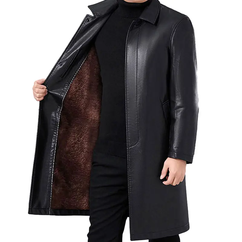 2024 DD2223 Vintage moda Premium calidad engrosada sobre la rodilla 3XL chaqueta de cuero de invierno para hombres