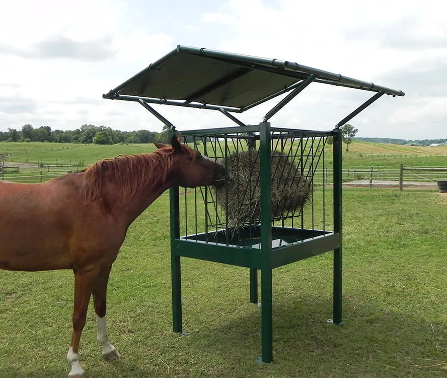 Alimentador de heno de caballos con techo, anillo de malla cuadrada, redondo