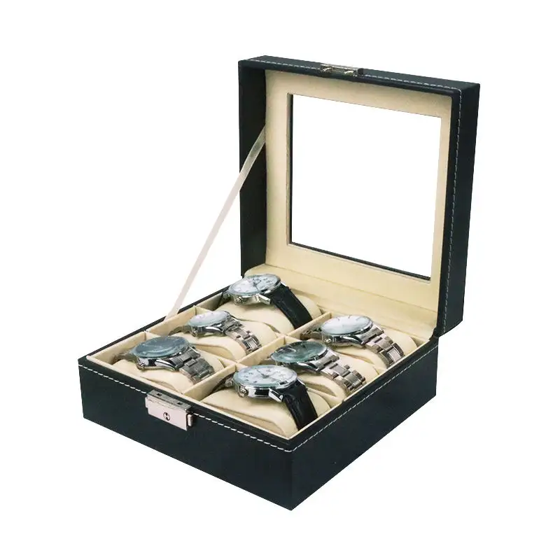 Оптовая продажа, коробка из искусственной кожи с деревянным окошком и 6 слотами для упаковки часов с белым стежком