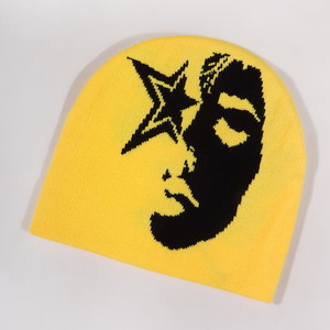 Custom Winter Jacquard Beanie Hats Animated Pattern Style Star Human Face Knitted Cuffed <strong>Toque</strong> with Plaid Character <strong>Image</strong> Style