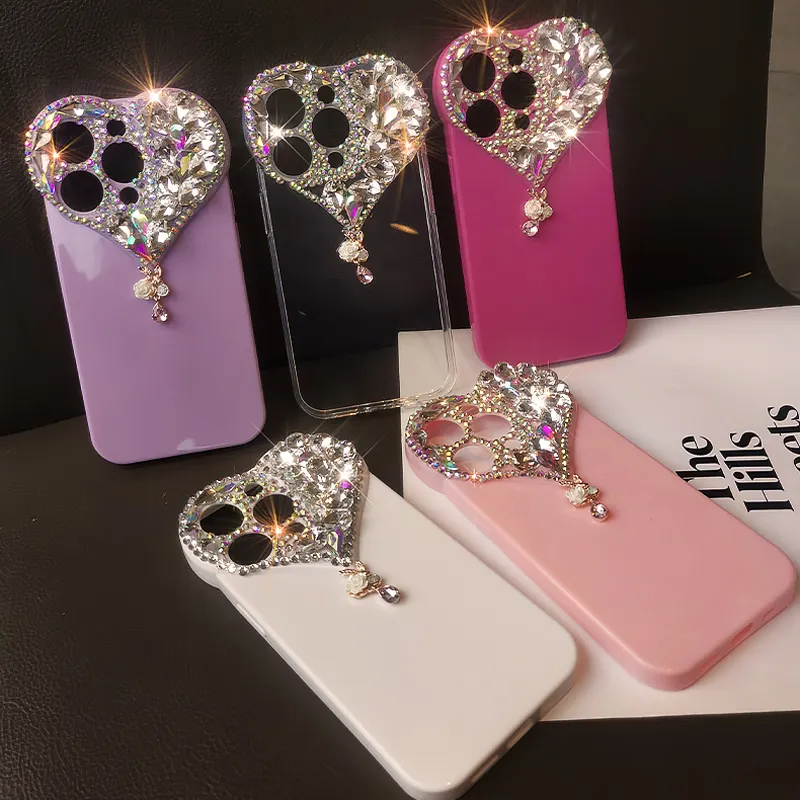 Funda de teléfono de silicona con forma de corazón para iPhone, carcasa de teléfono de lujo, ostentosa, diamante, corazón, 14, 13, 12, 11 Pro, Max