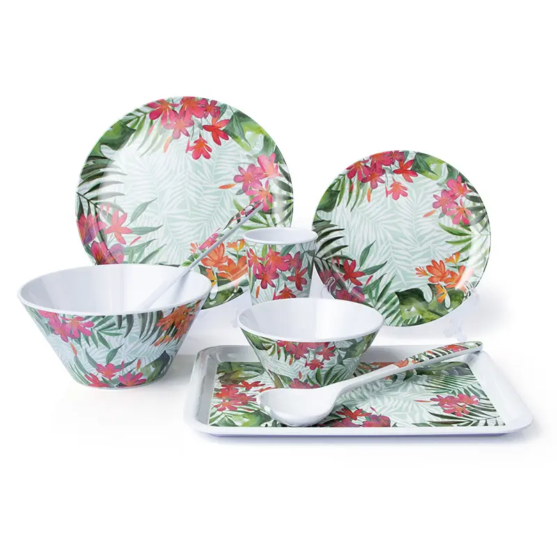 Design personalizado melamina tropical jantar conjunto de casa com design de cor completa na superfície frontal para jantar ou salada usado