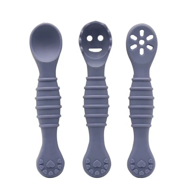 Cuillère en silicone pour bébé à long manche en silicone de qualité alimentaire sans BPA ensemble d'alimentation pour bébé en silicone avec 3 cuillères