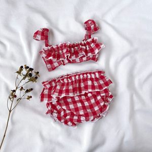 Özel LOGO mayo çocuklar hızlı kuru damalı fırfır çocuk mayosu sevimli fırfır-kayış geri dönüşümlü kumaş bebek mayo - Product Image 2