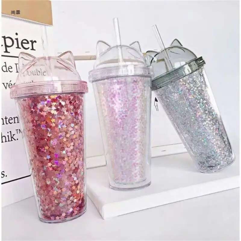 Reusable 16oz Plastic Tumbler Cup With Lid For Women Personalized Glitter Cup With Straw Cute Cat Ear Water Bottle Girls