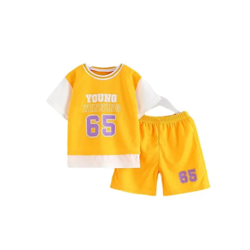 All'ingrosso Set estivo per neonati in puro colore asciugatura rapida t-shirt Set girocollo falsi due pezzi vestiti per bambini