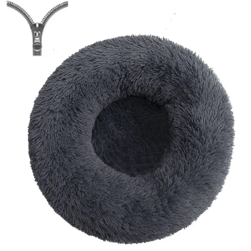 Pets RTS Round Machine Washable Plush Faux Fur Dog Bed Calming Donut Fluffy Luxury Dog Bed with Removable Cover Zippers