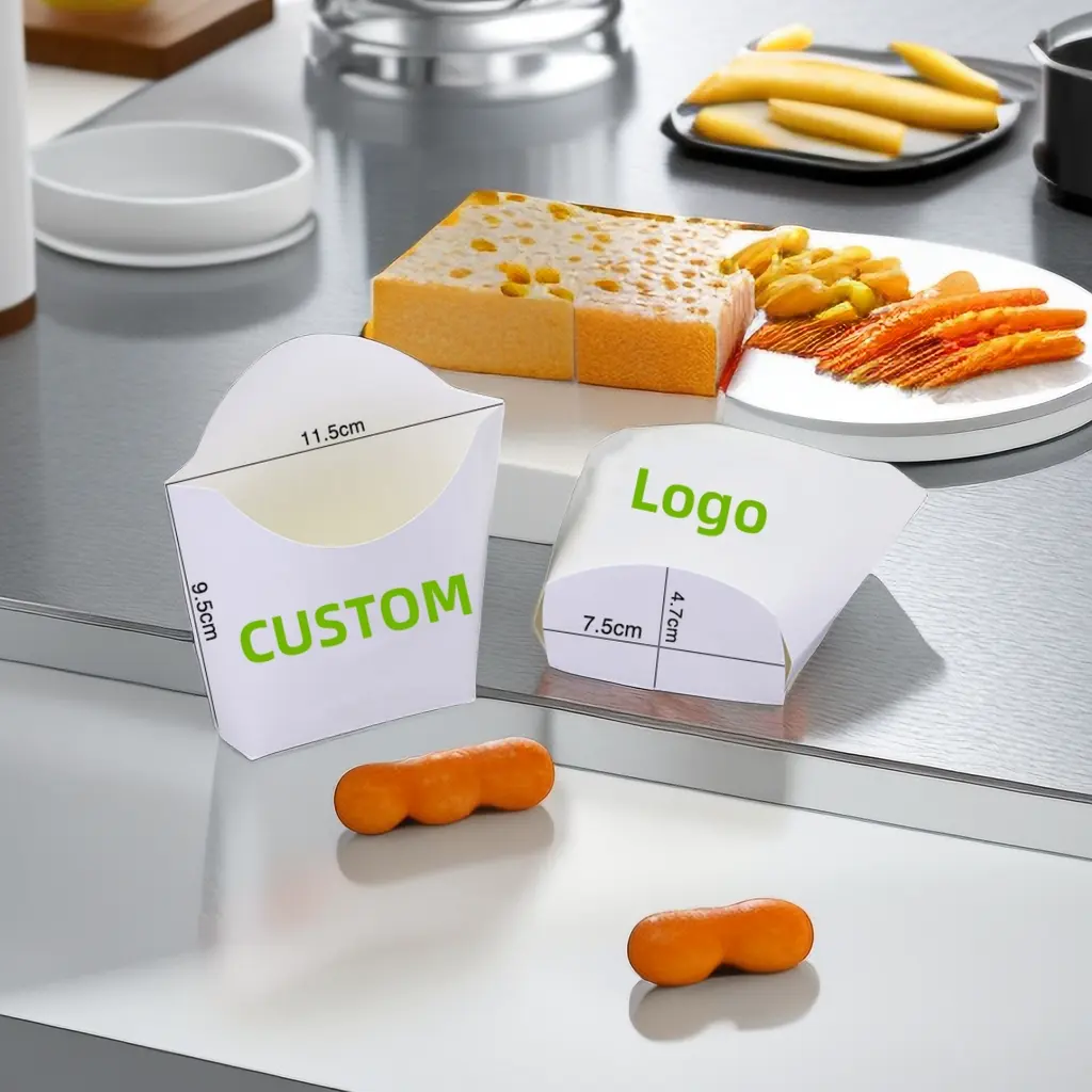 Caja de patatas fritas con diseño de logotipo personalizado desechable, cajas de papel para patatas fritas, embalaje de alimentos para llevar