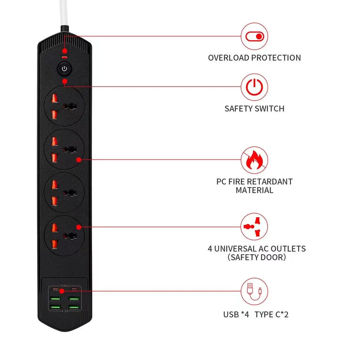 Power Strip dengan Port USB Kabel Panjang Universal Socket04 Outlet Surge Protector 6 USB (5V 2,4 A) Stasiun Pengisian