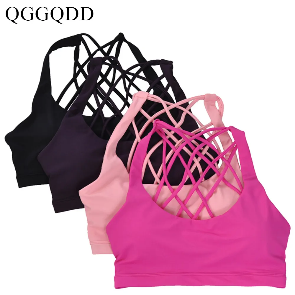 QGGQDD Strappy Sports Bras for Women Seamless Criss-Cross Back Sexy Wireless Padded Yoga Bra Cute Workout