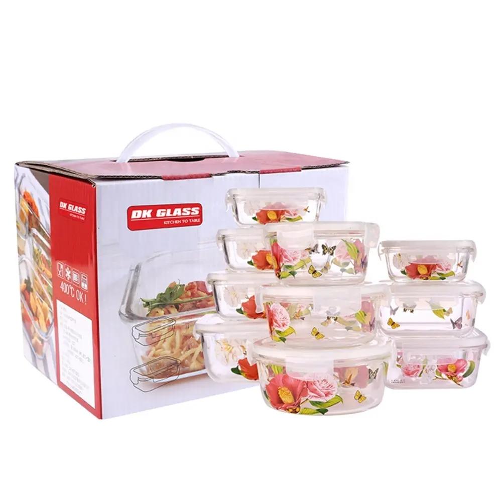 Kunden spezifische Aufkleber hohe Boro silikat glas Lunch Aufbewahrung sbox mit pp Deckel ofen feste Glas Lebensmittel behälter gesetzt