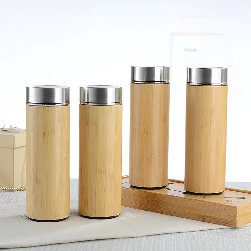 Özel şirket logosu bambu termos BPA ücretsiz paslanmaz çelik bambu bardak yalıtımlı termos su şişesi çay süzgeci