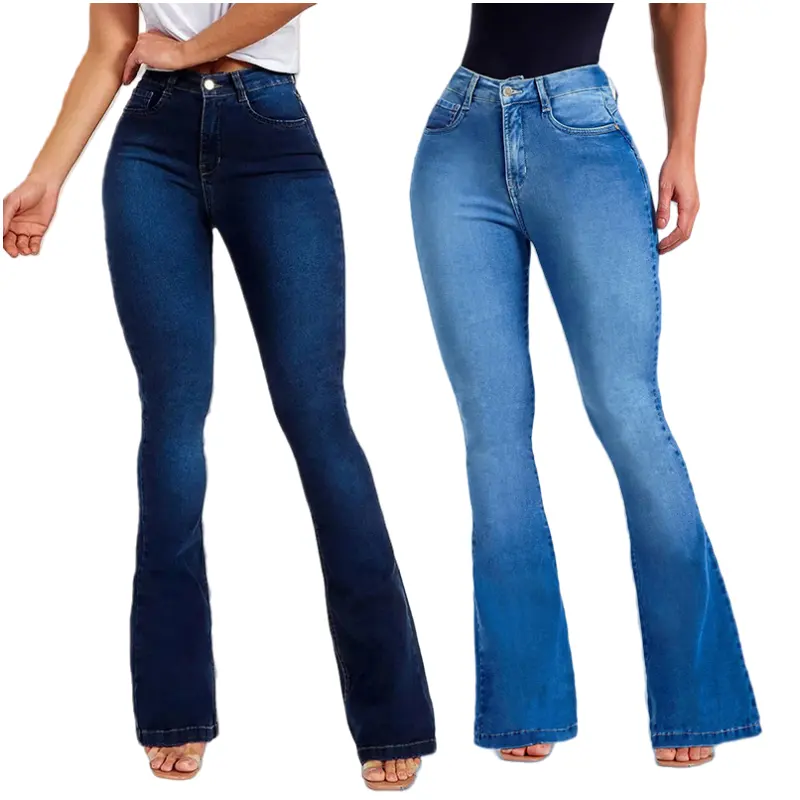 Pantalones vaqueros de talla grande para mujer, Vaqueros informales con botones, pantalones acampanados de cintura alta