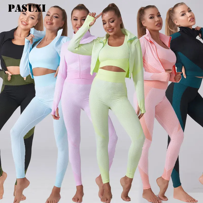 PASUXI New Products Women 3PCS Sportswear Gym Set Seamless Yoga Suit Zip manica lunga Fitness Workout Set