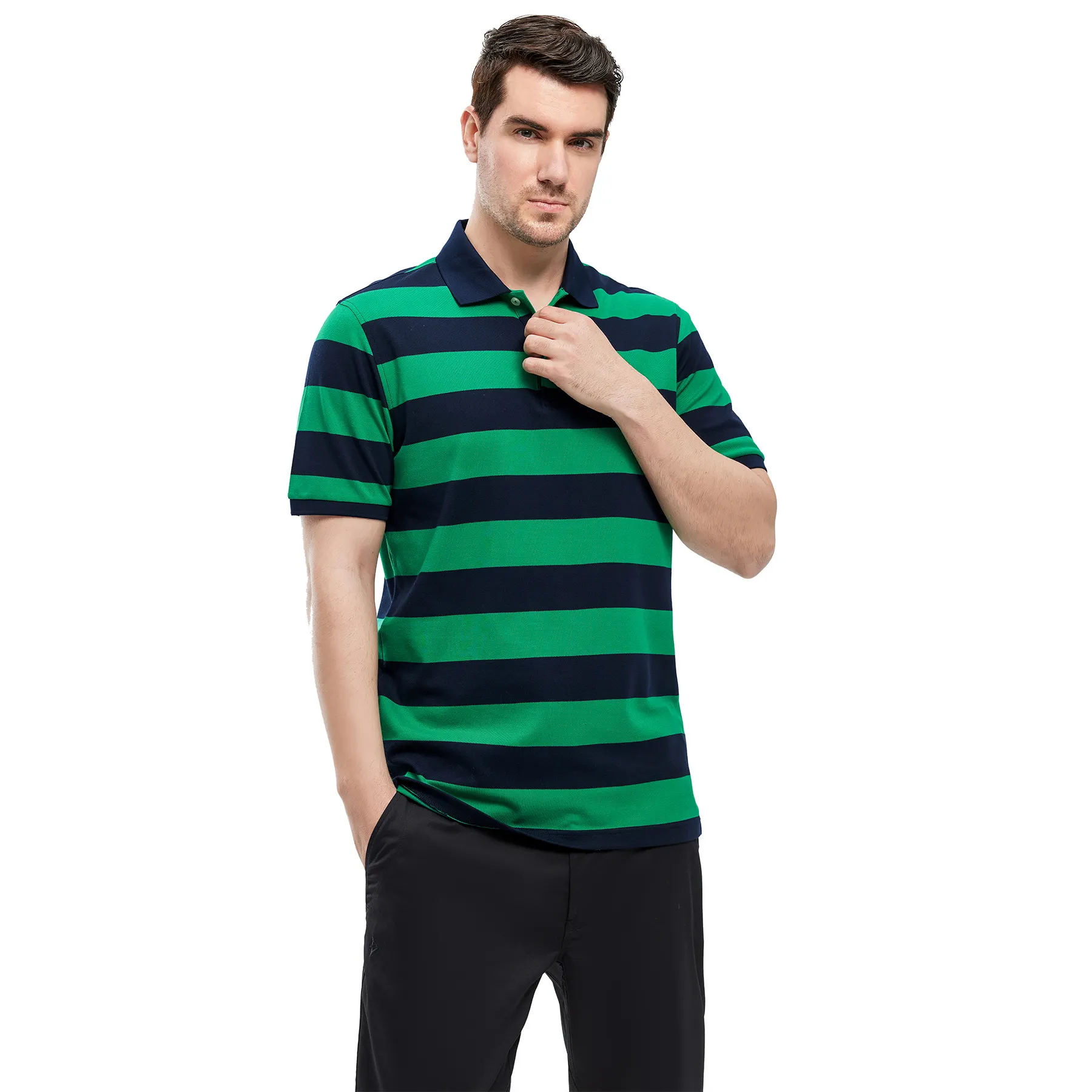 Camisa polo masculina novo design de camisa de golfe fabricação camisa polo verde OEM design listra tecido de malha de manga curta tecido piquê