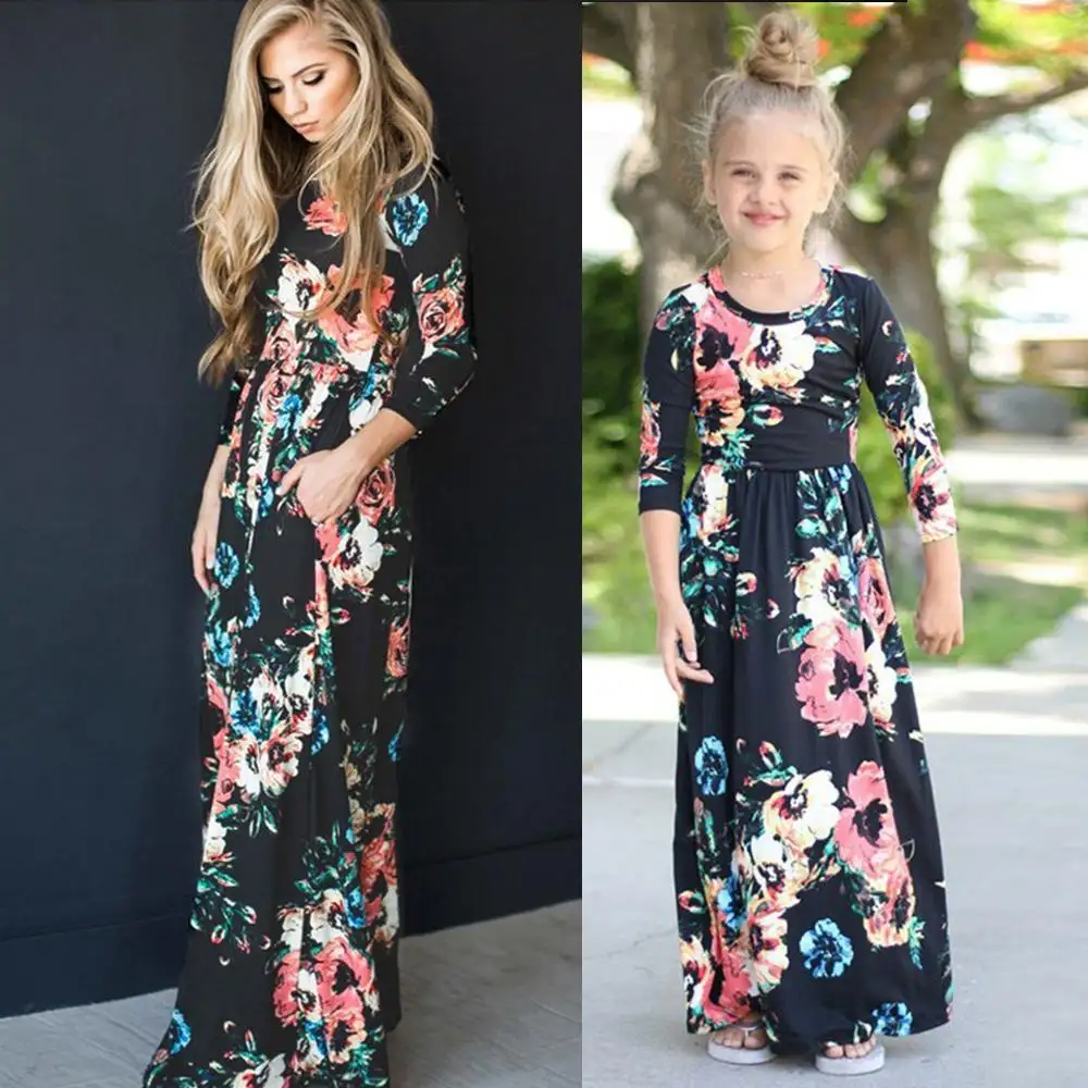 2021 new European and American foreign trade parent-child clothing eBay printed mother-daughter dress women's dress with nine sp