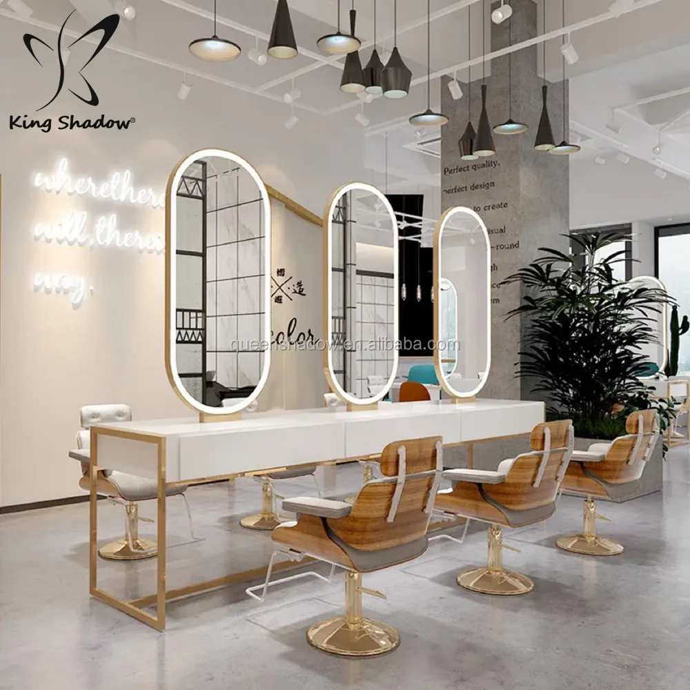 Kingshadow-salón de belleza, muebles de peluquería, estaciones de estilismo de cabello, estación de espejo con luz