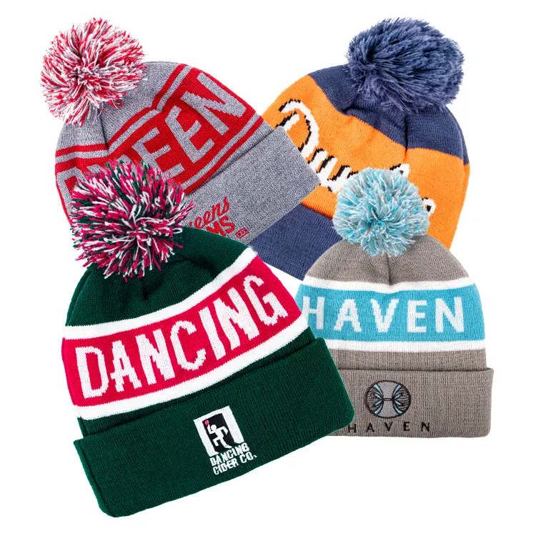 Inverno caldo personalizzato acrilico lavorato a maglia jacquard ricamo patch logo Toques Pom Pom maglia bobble Beanie cappello per uomo donna