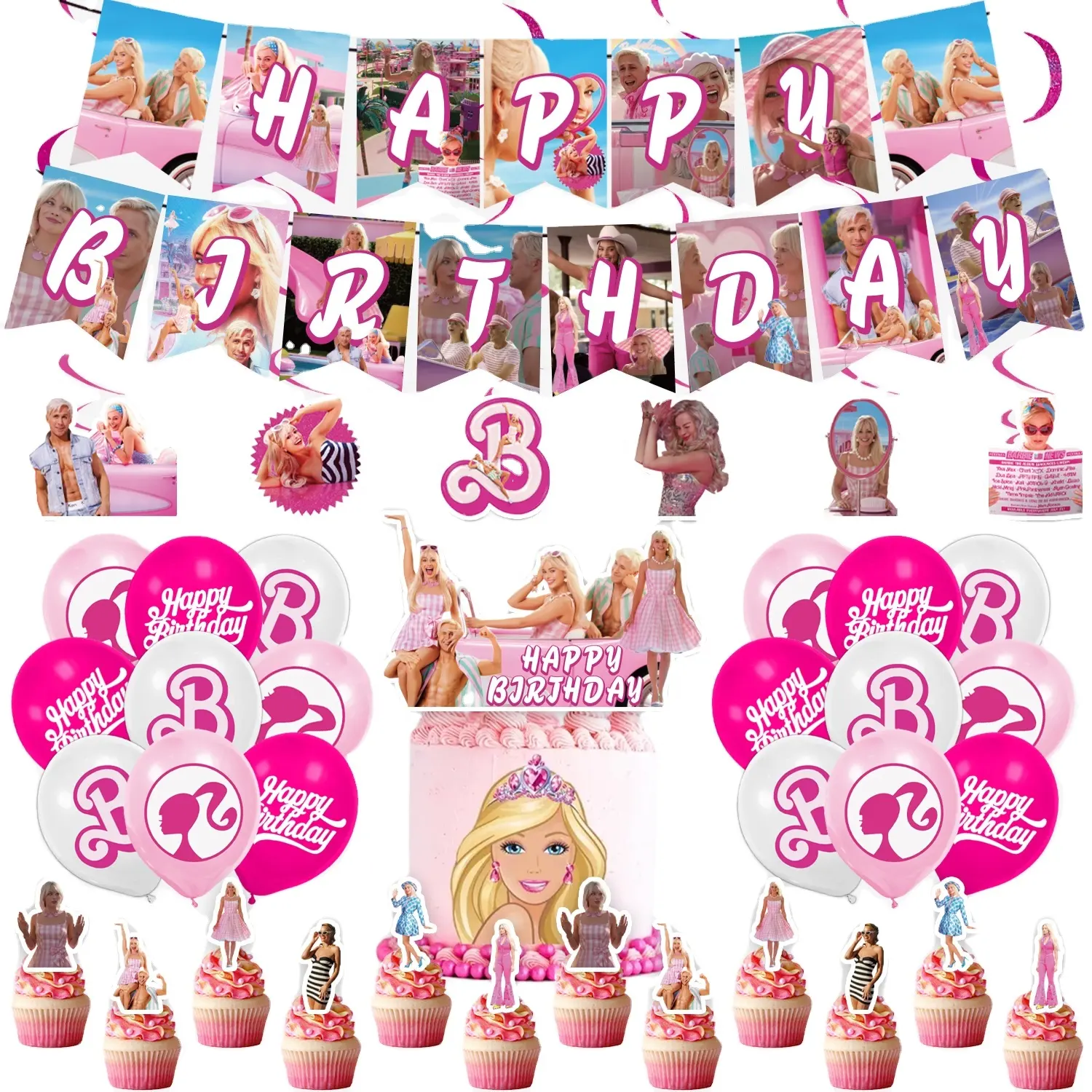 Boneca rosa Barb1ee para decoração de aniversário, princesa, banner de balão, bandeira, cenário, utensílios de mesa, topper de bolo, chá de bebê, flores e flores