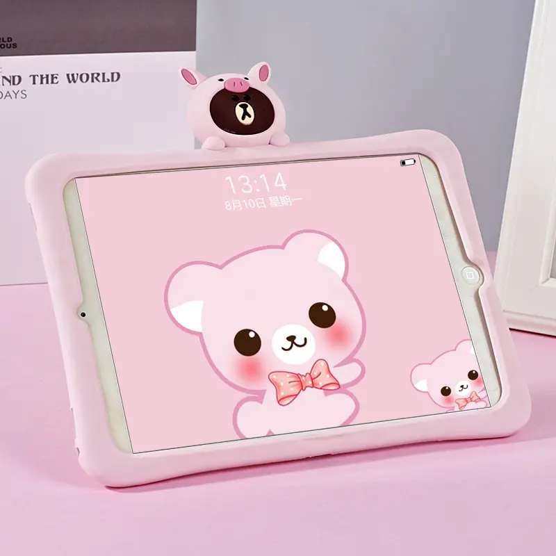 2021 새로운 핑크 한국어 소녀 실리콘 만화 돼지 스탠드 공기 1/2 9.7 인치 iPad 3 다시 커버