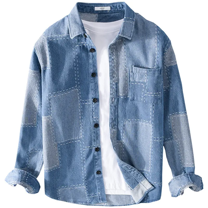 RNSHANGER, Camisa vaquera de manga larga a la moda para hombre, estilo japonés, solapa, informal, Otoño, tendencia juvenil, camisas de alta calidad para hombre con bolsillo