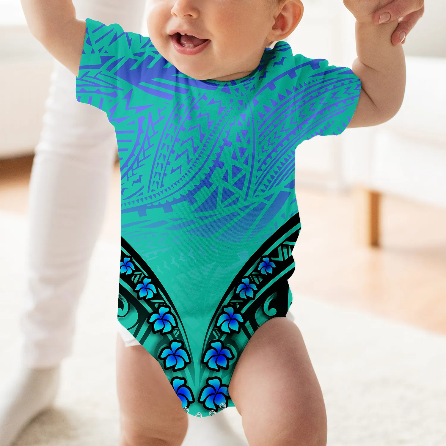 Fabriek Groothandel Pasgeboren Baby Meisjes Kleding Baby Jumpsuit Blauwe Polynesische Tonga Tribal Print Onesies Baby Rompertjes