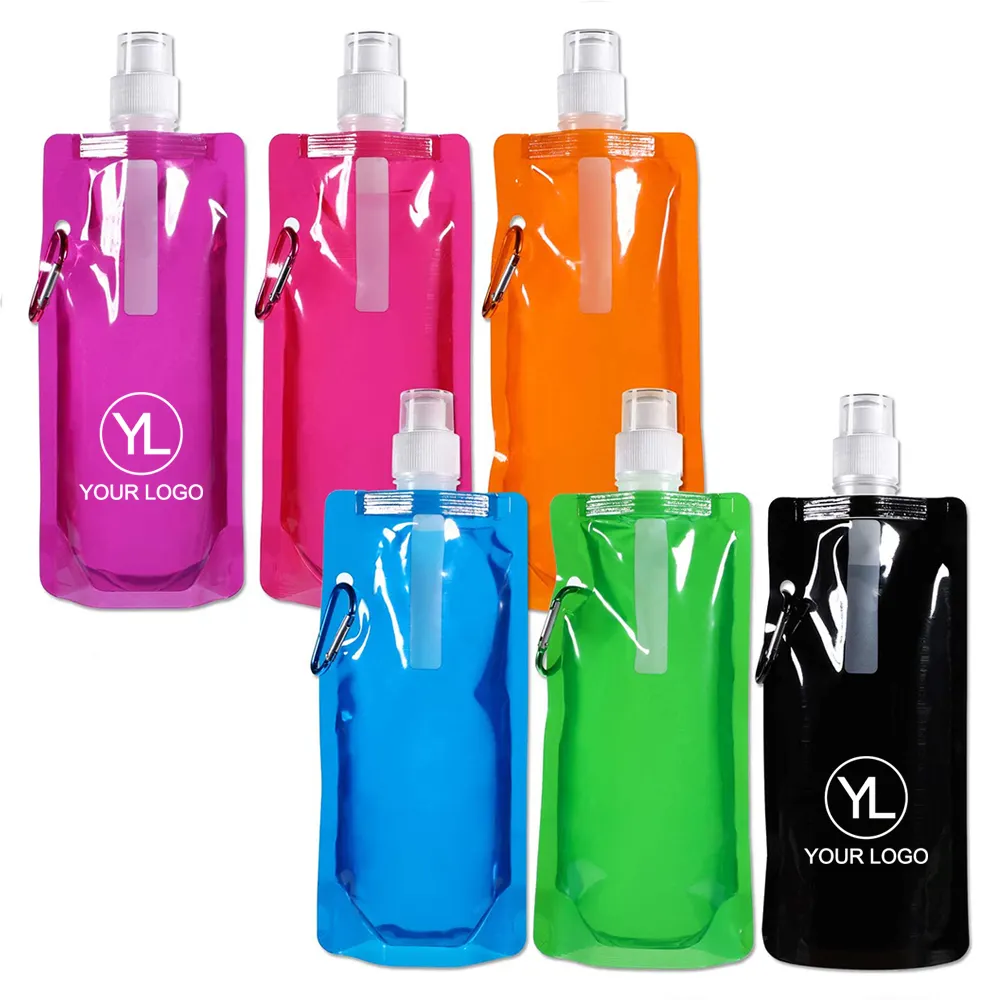 Bolsa de agua de plástico plegable reutilizable para viaje al aire libre, botellas plegables con mosquetón