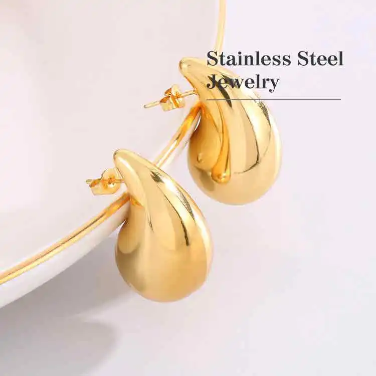 Gold Silver Stainless Steel Women INS Fat Luxury Trendy Chunky Waterdrop Hoops Light Weight Tear Water Drop Hollow Earrings