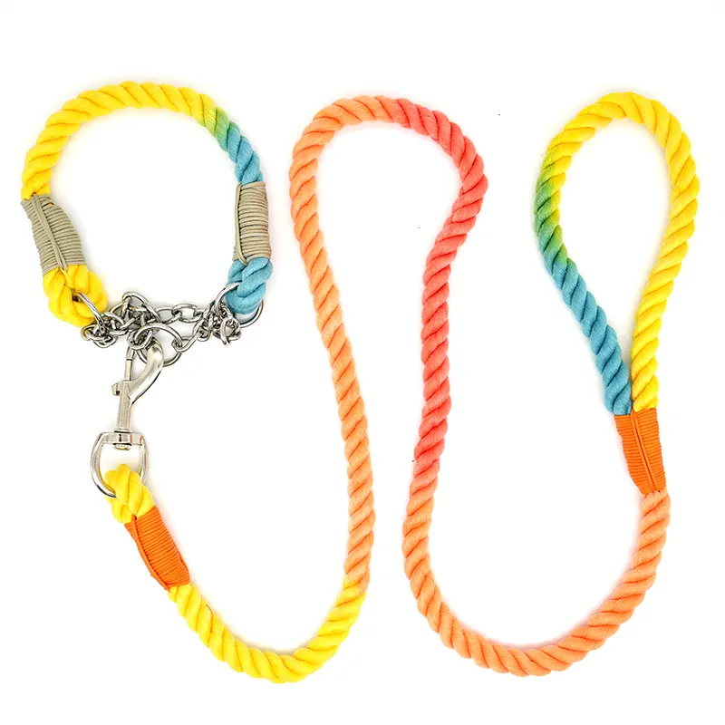 Durable 12mm Dyed Three Strand Natural Cotton Rope Braided Cord Gradient Color Twisted Rope Customized Pet dog leash