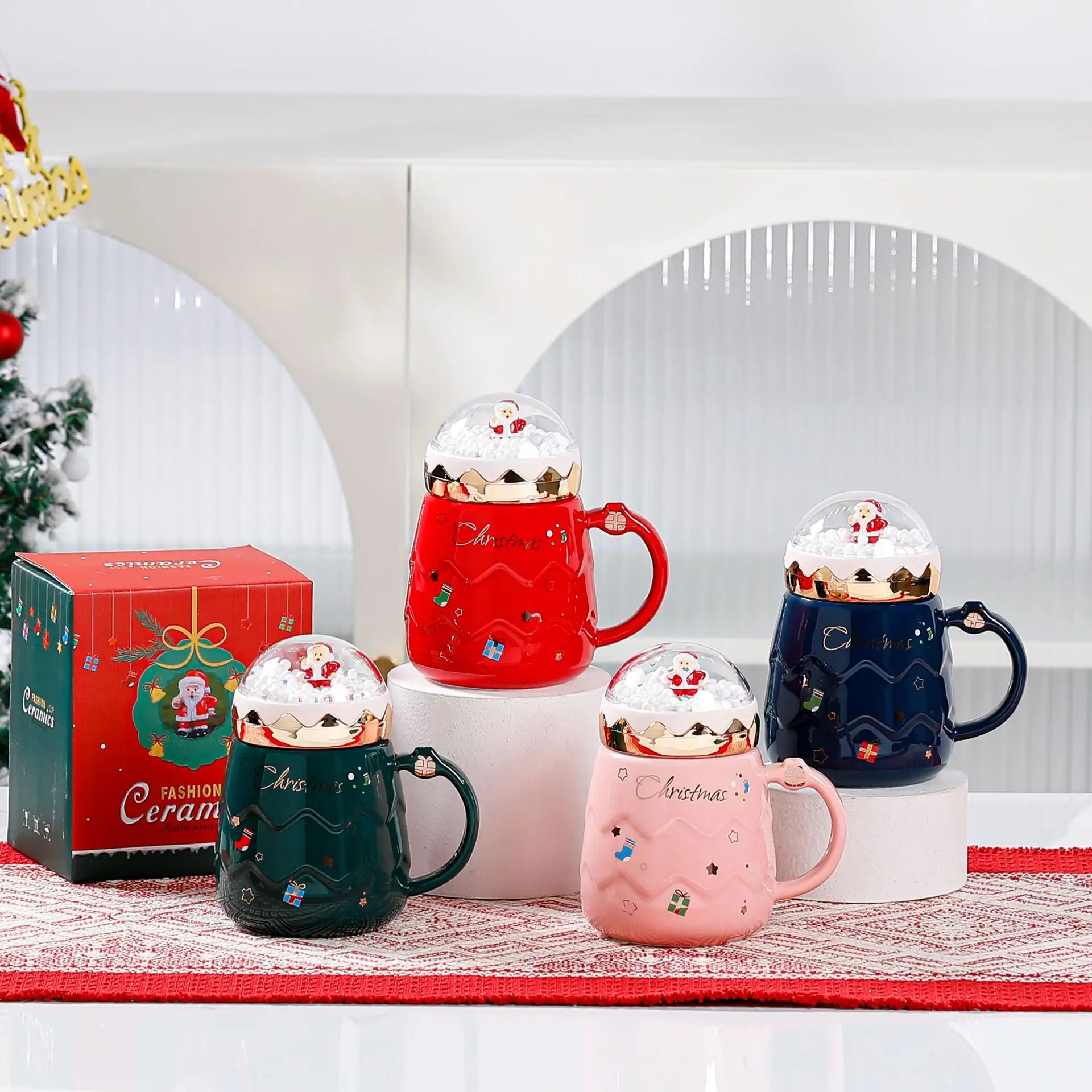 Taza creativa de Papá Noel con tazas de pareja, taza bonita para niñas, taza de café de cerámica, taza de Navidad de cerámica con caja de regalo