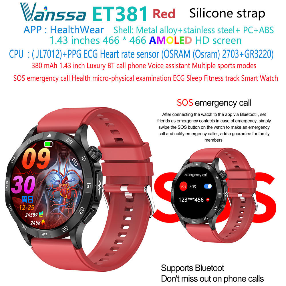 ET381-ECG-blood-Health-smart-watch สายซิลิโคนสีแดง-