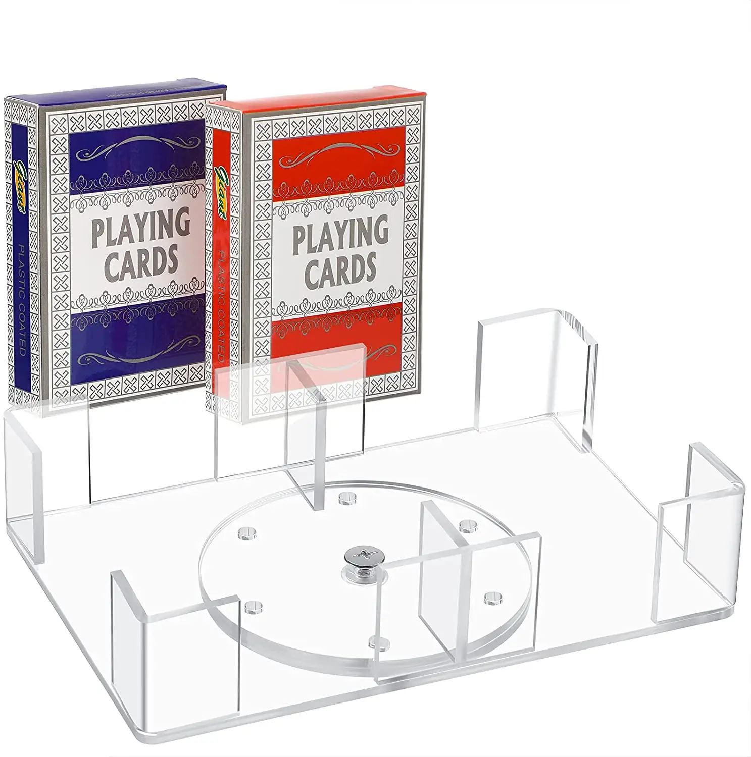 स्पष्ट एक्रिलिक 2 डेक परिक्रामी घूर्णन Canasta खेल कार्ड ट्रे और 2 जोड़े डेक जादू के लिए कार्ड बजाना पार्टी और खेल
