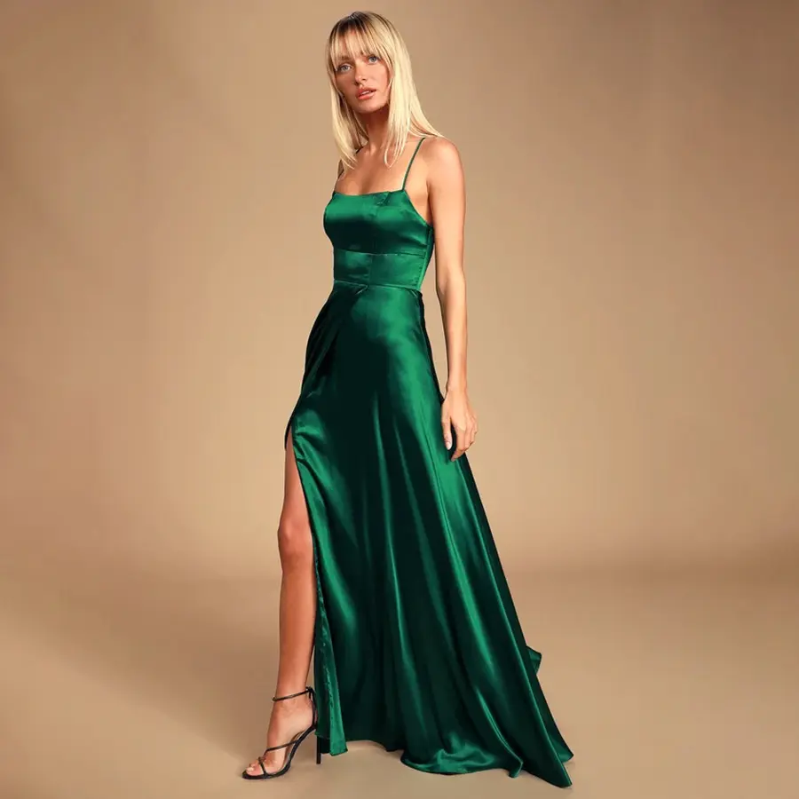 Kadınlar seksi akşam gelinlik kare omuz saten zümrüt yeşili vestidos elegantes