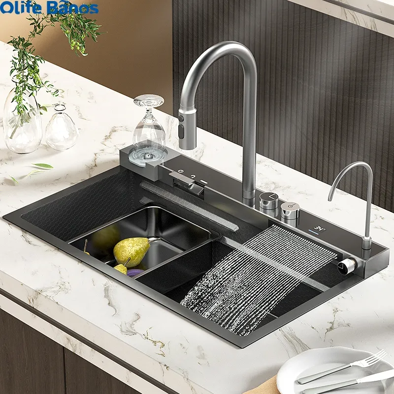 Olife Banos Küchen spüle mit Wasserfall Wasserhahn Edelstahl Großer Einzels chlitz Bionic Honeycomb Black Waschbecken
