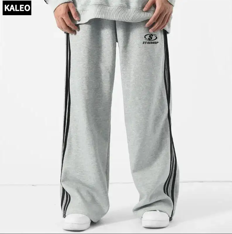 Özel Streetwear çift bel geniş bacak İpli polar pamuk erkekler Sweatpants